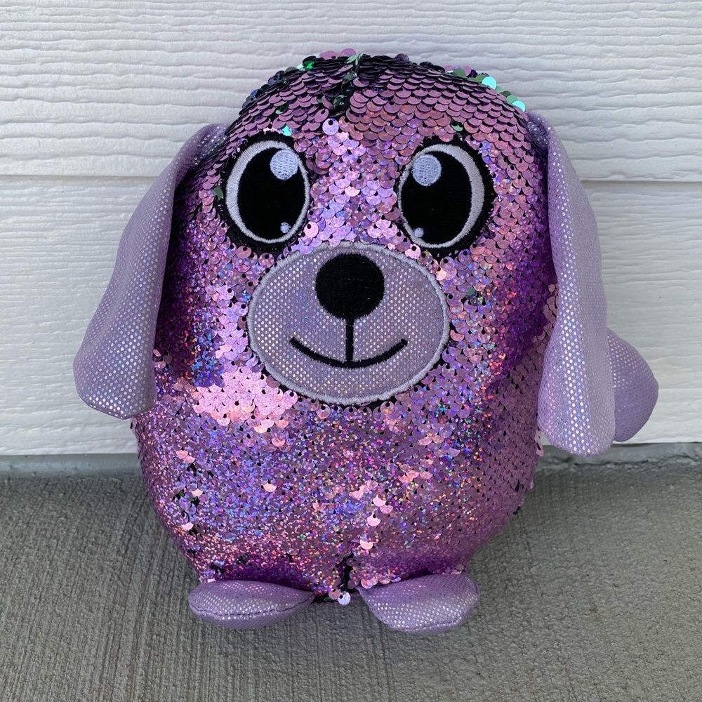 Shimmeez Delilah Dog Sequin Plush Reversible in Green and Pink 9” EUC